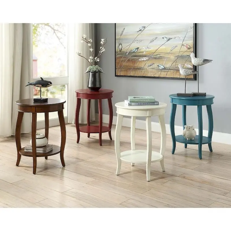 Round Wooden Side Table – Red / Teal / Antique White / Brown