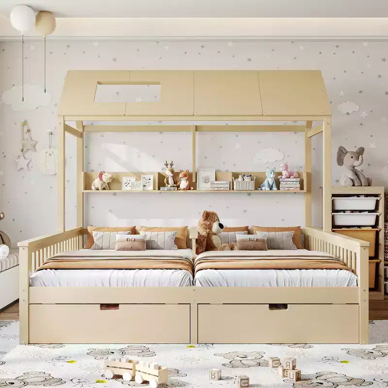ModernLuxe Double Twin Size House Platform Bed with Storage Shelves & Drawers, Playhouse Design for Kids Shared Bedroom