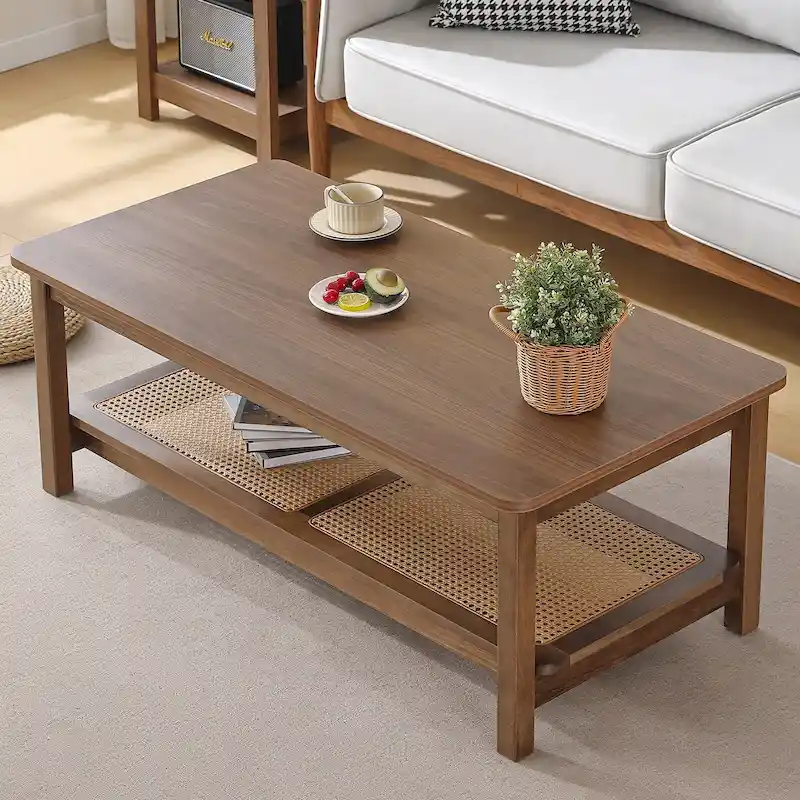 2-Tier Rectangular Coffee Table with Rattan Storage Shelf - 47.2