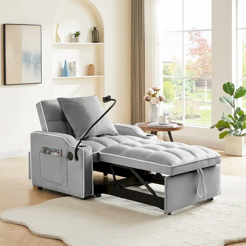 Convertible Sleeper Chair Bed with USB Charging Port and Cup Holders