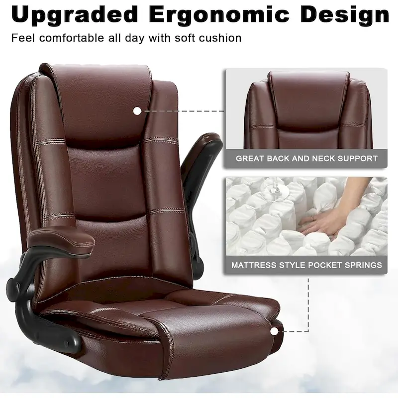 Big and Tall Ergonomic High Back Adjustable Height Leather Executive Chair with Padded Flip-up Arms