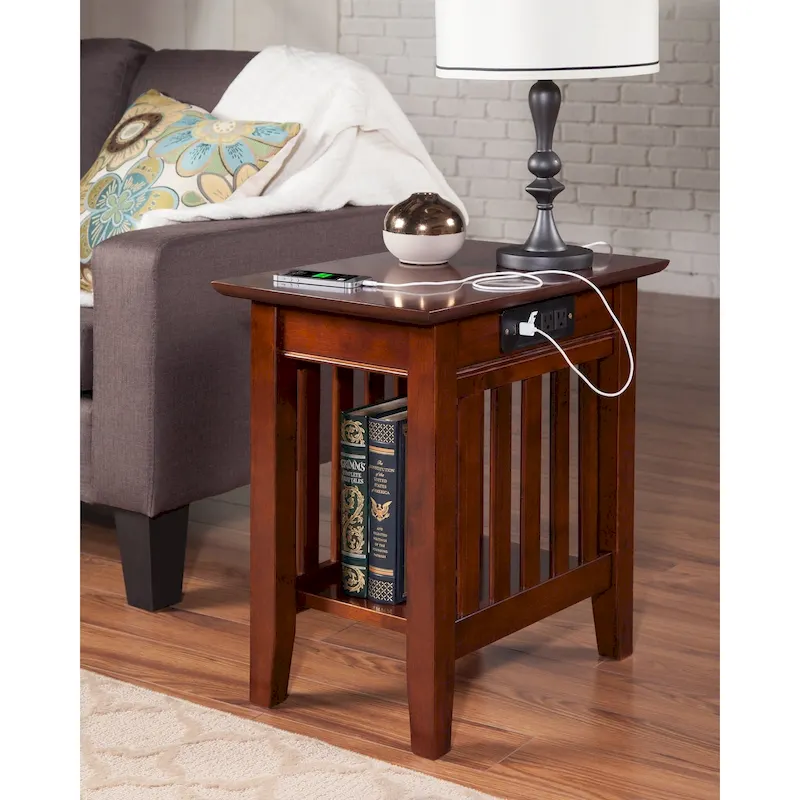 Walnut / Espresso / White / Grey Mission-Style Solid Wood Side Table with USB Charging Station - Single Use