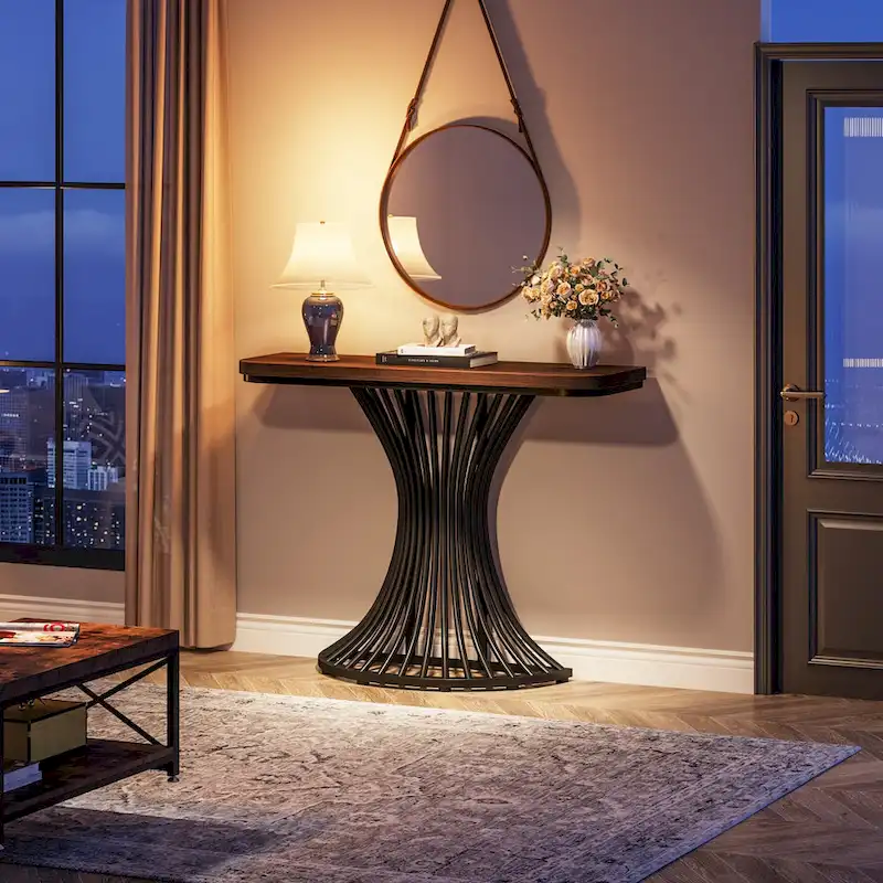 39-Inch Industrial Console Entryway Table Small Sofa Accent Table with Geometric Metal Base - 39.37 (L) x 11.8 (D)