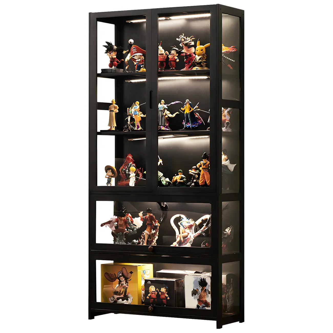 Modern Black Bamboo Adjustable Shelves Glass Display Cabinet