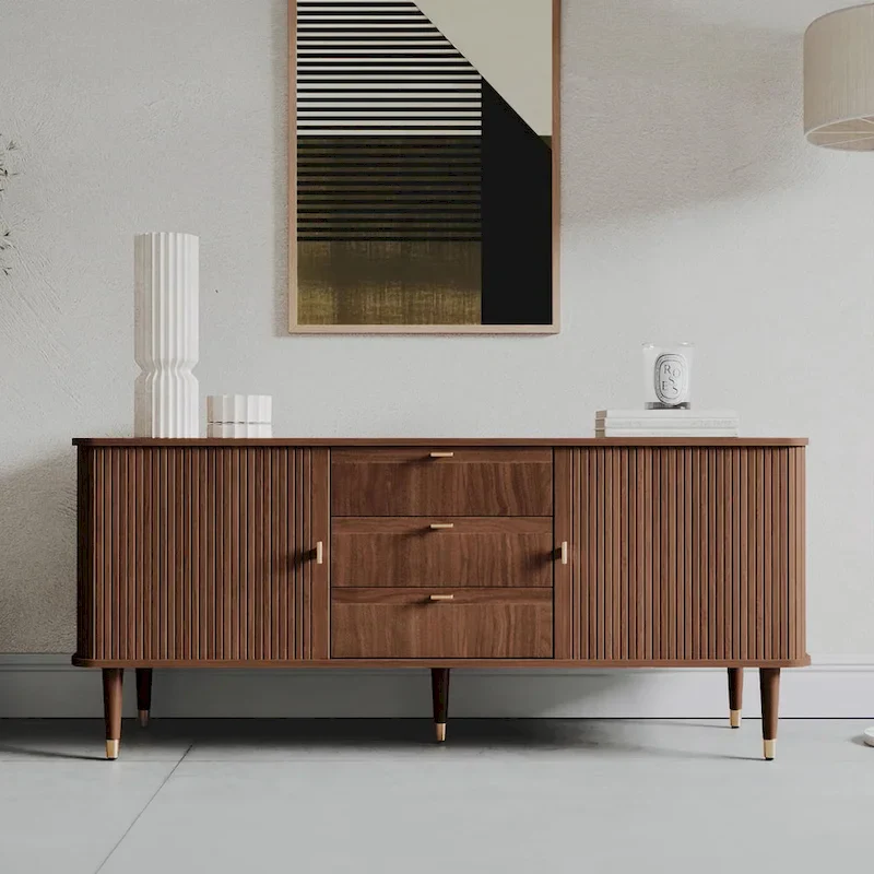 Walnut Wood Sideboard with Tambour Doors - Mid Century Modern