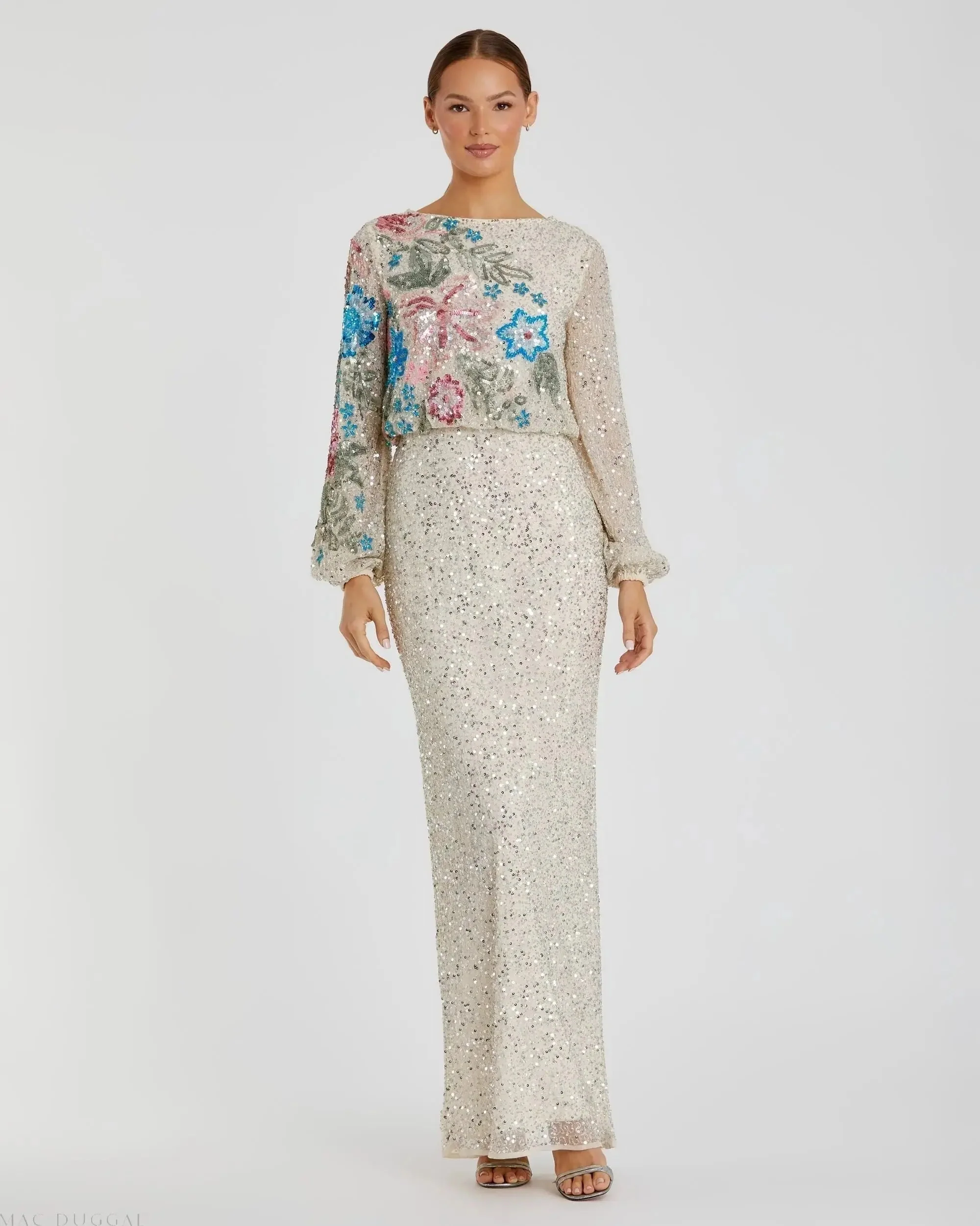 Beige High Neck Long Sleeve Sequin Gown