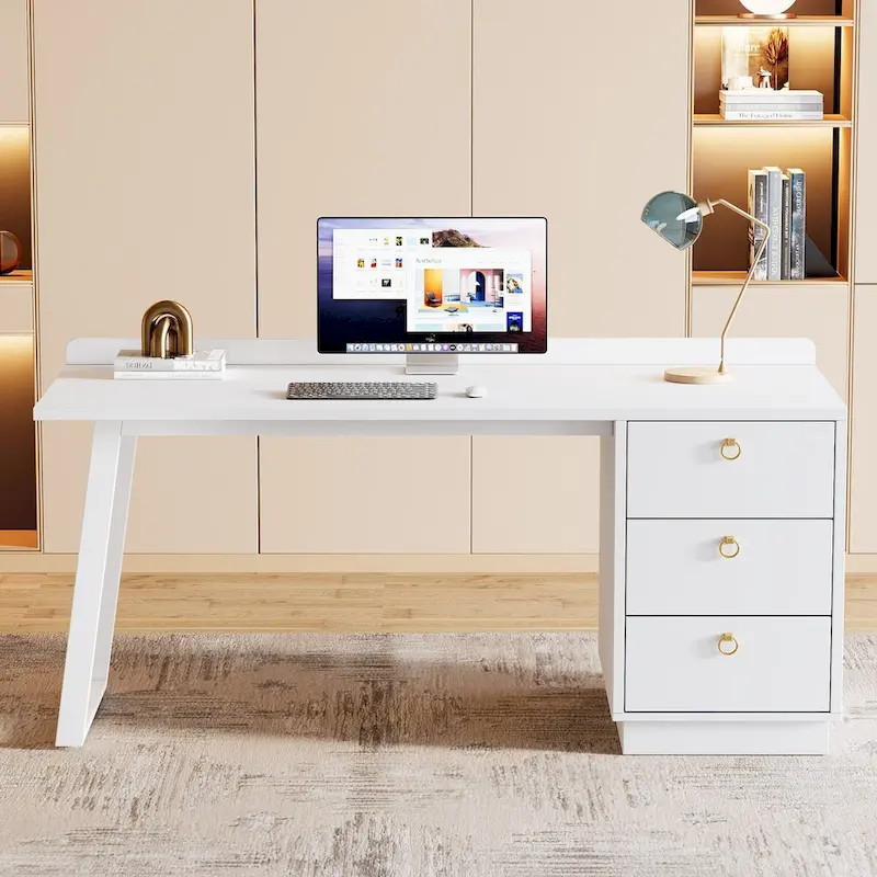 White 55-Inch Modern Computer Desk with Drawers