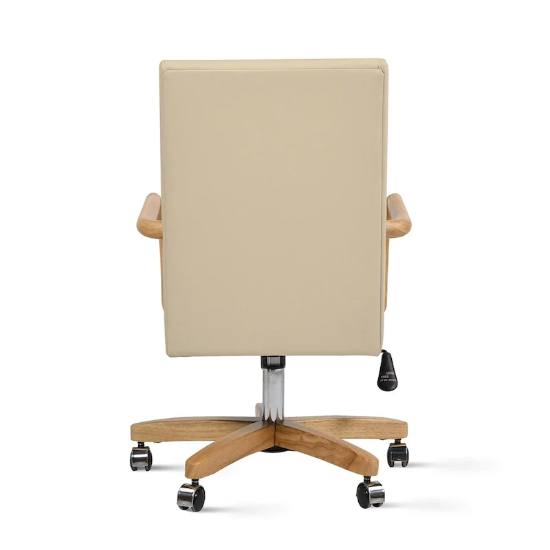 Brown Leather Swivel Office Chair with Wood Accents