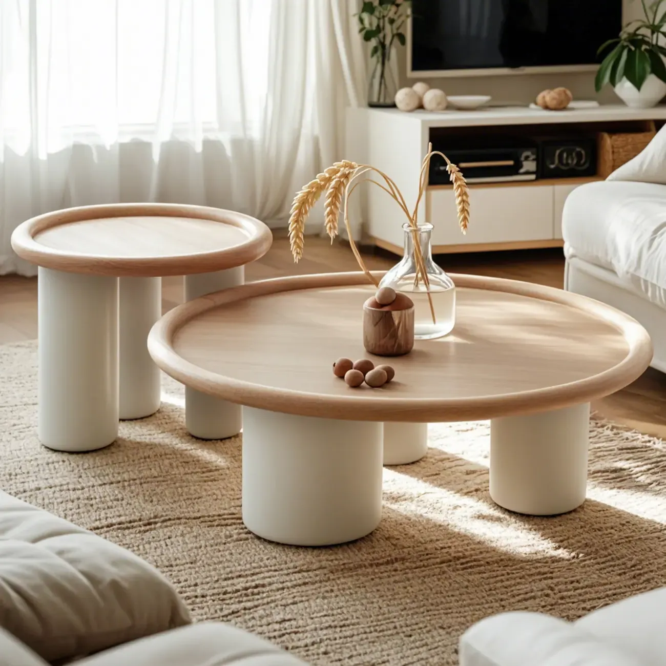 Round Natural Wood Tray Top Coffee Table with Three-Leg