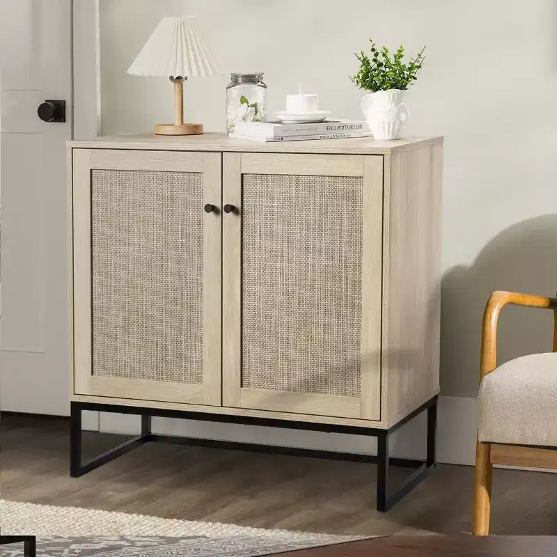 Set of 2 Storage Cabinets with Rattan Doors, Sideboard Buffet Console Table for Living Room, Entryway, Kitchen, Dining Room