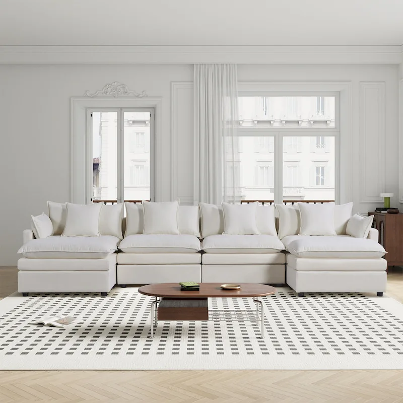 White 142.52  U-Shaped 6 Seater Sectional Sofa with Convertible Chaise and Ottomans, Spacious Cloud Couch