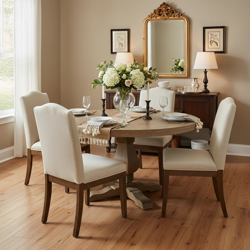 54 in. Round Dining Table, Natural Wood Finish – Brown, Seats 4–6