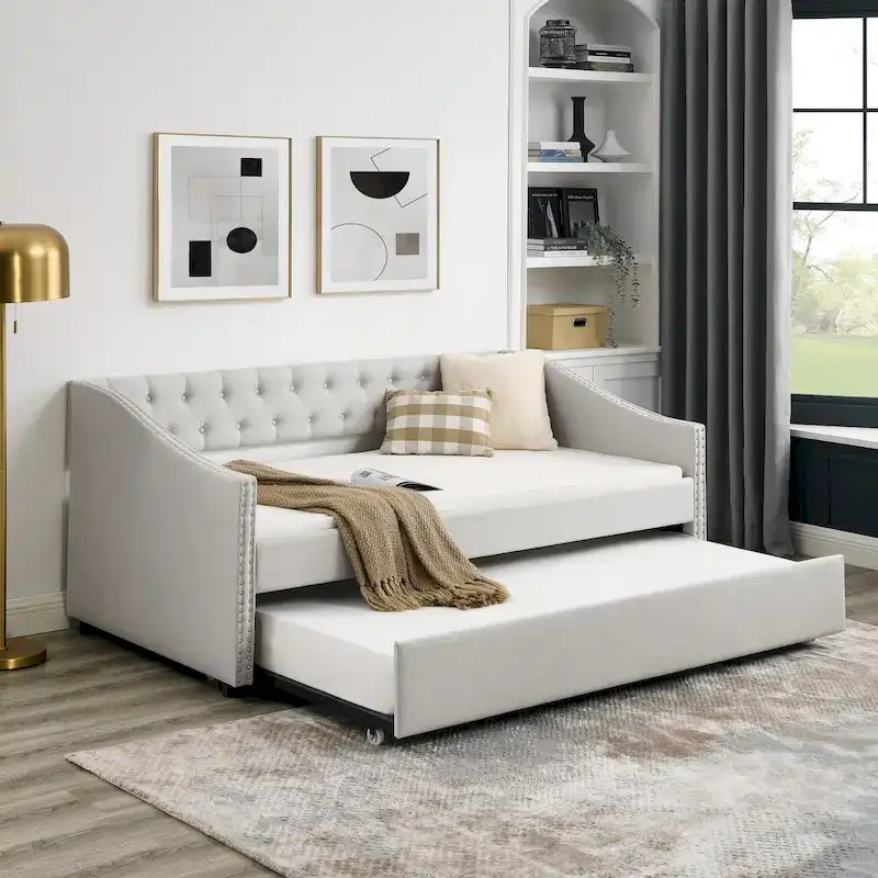 Upholstered Daybed Frame with Trundle & Tufted Backrest