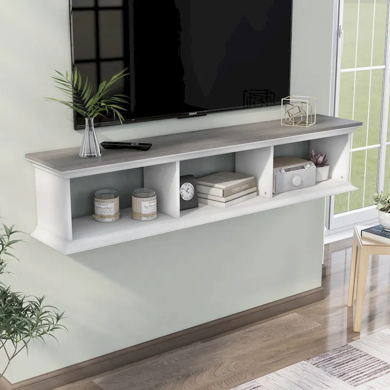 DH BASIC Transitional White 63-Inch 3-Shelf Floating TV Stand by Denhour