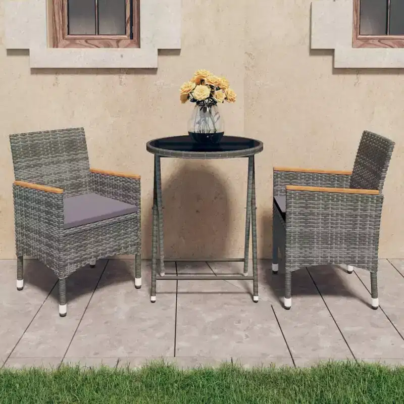 vidaXL Patio Bistro Set Bistro Table 3 Piece Poly Rattan and Tempered Glass