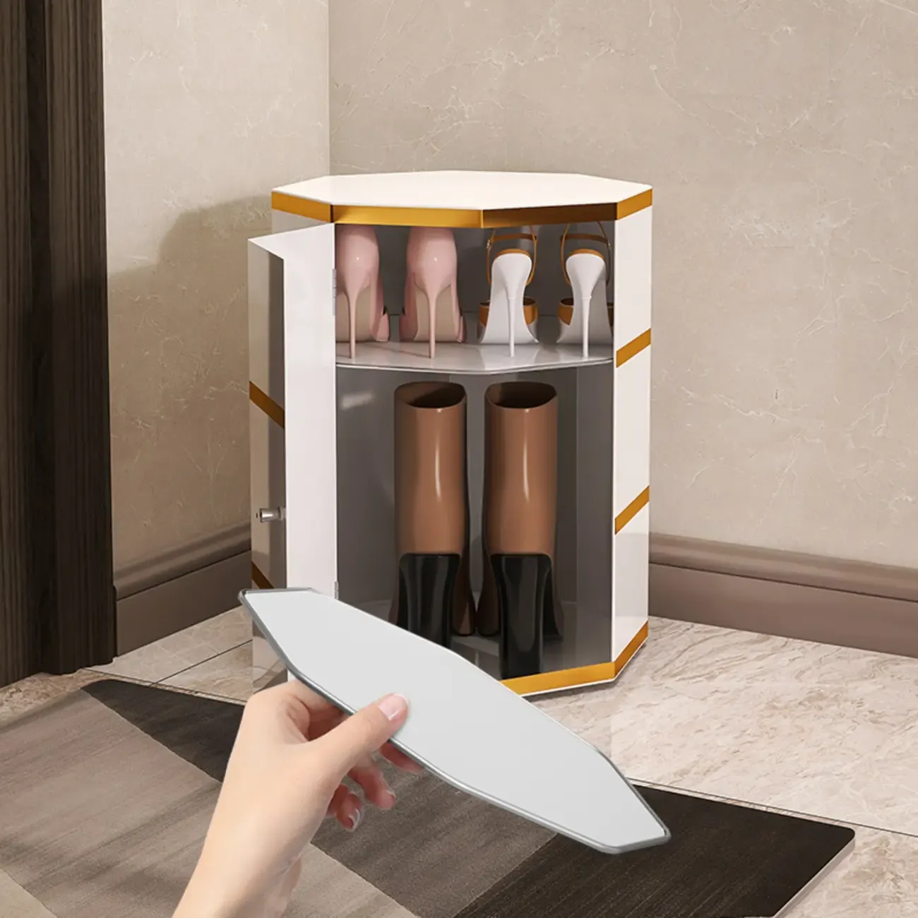 Rotating Glam White Metal Hexagon Entryway Shoe Cabinet