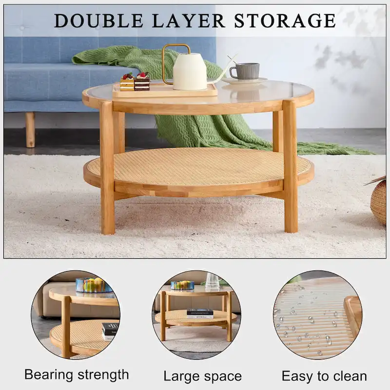 Circular double-layer solid wood tea table