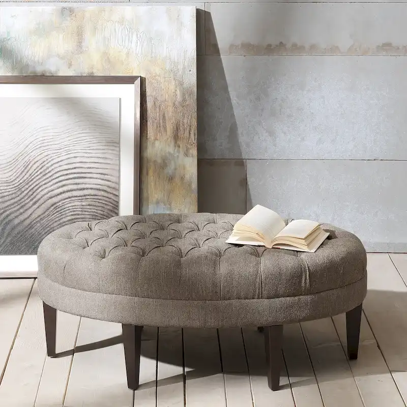 Brown Multi/Beige/Dusty Blue Oval Button-Tufted Upholstered Ottoman, 1-Person