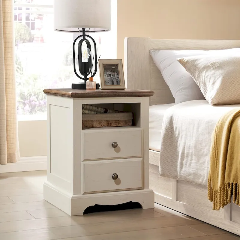 Vintage Wood Nightstand with Charging Station, End Table, Side Table