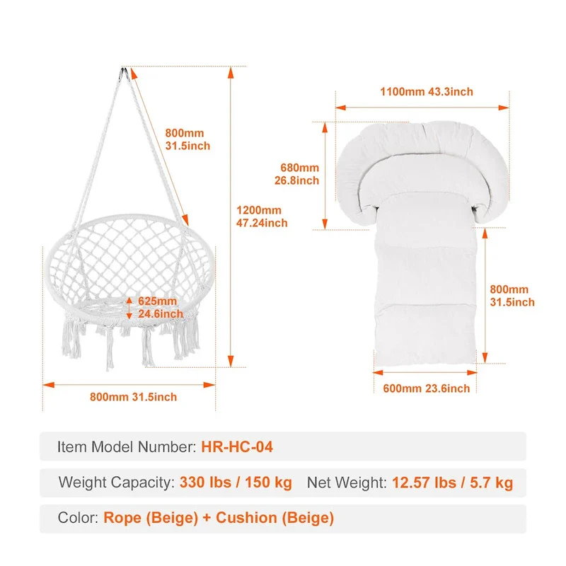 Hanging Hammock Swing Chair, Macram Hanging Chair with Cushion and Mounting Hardware, Cotton Rope Swing Chair