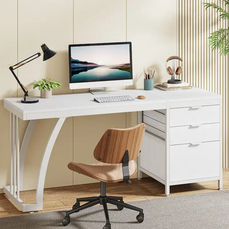 59 inch Reversible Computer Desk with 3 Drawer Cabinet, Industrial Study Writing Table Workstation for Home Office Bedroom