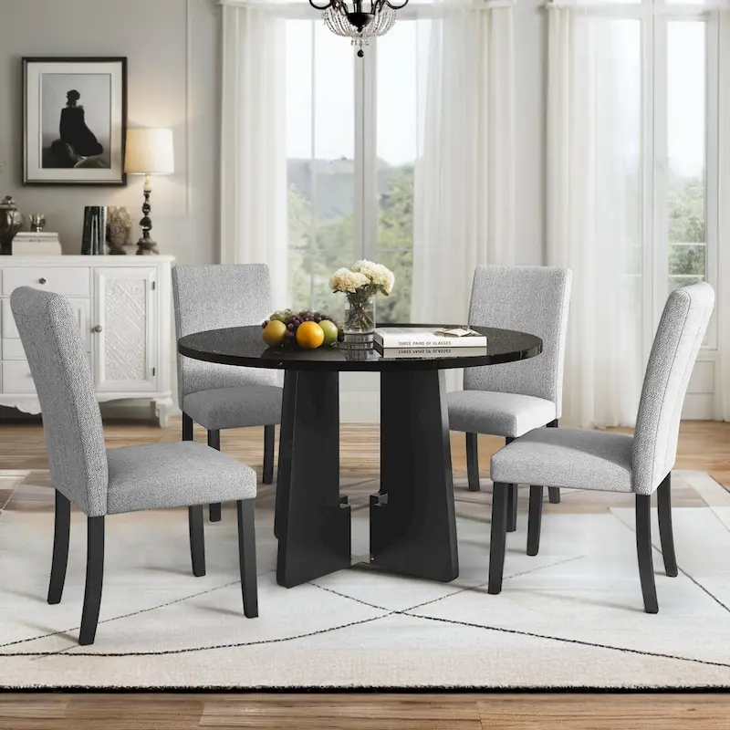 5 Pcs Wood Kitchen Table and Chair Set, 4 People Round Dining Table Set with Faux Marble Top and 4 Upholstered Chairs