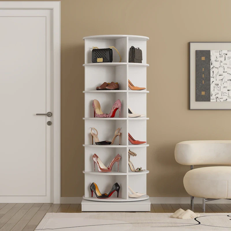 White / Pink / Light Grey 360° Rotating Shoe Rack, 6-Tier, Holds 24 Pairs