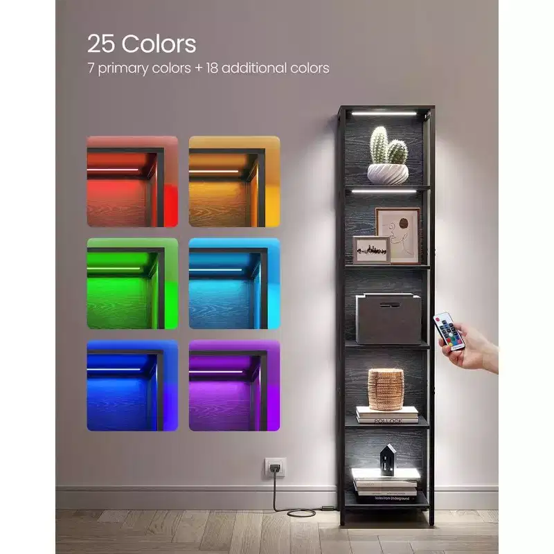 6-Tier LED Bookshelf, Display Shelf with Dimmable Lights, LED Bookcase, 11.9 x 15.7 x 70.3 Inches, Black with Wood Grain