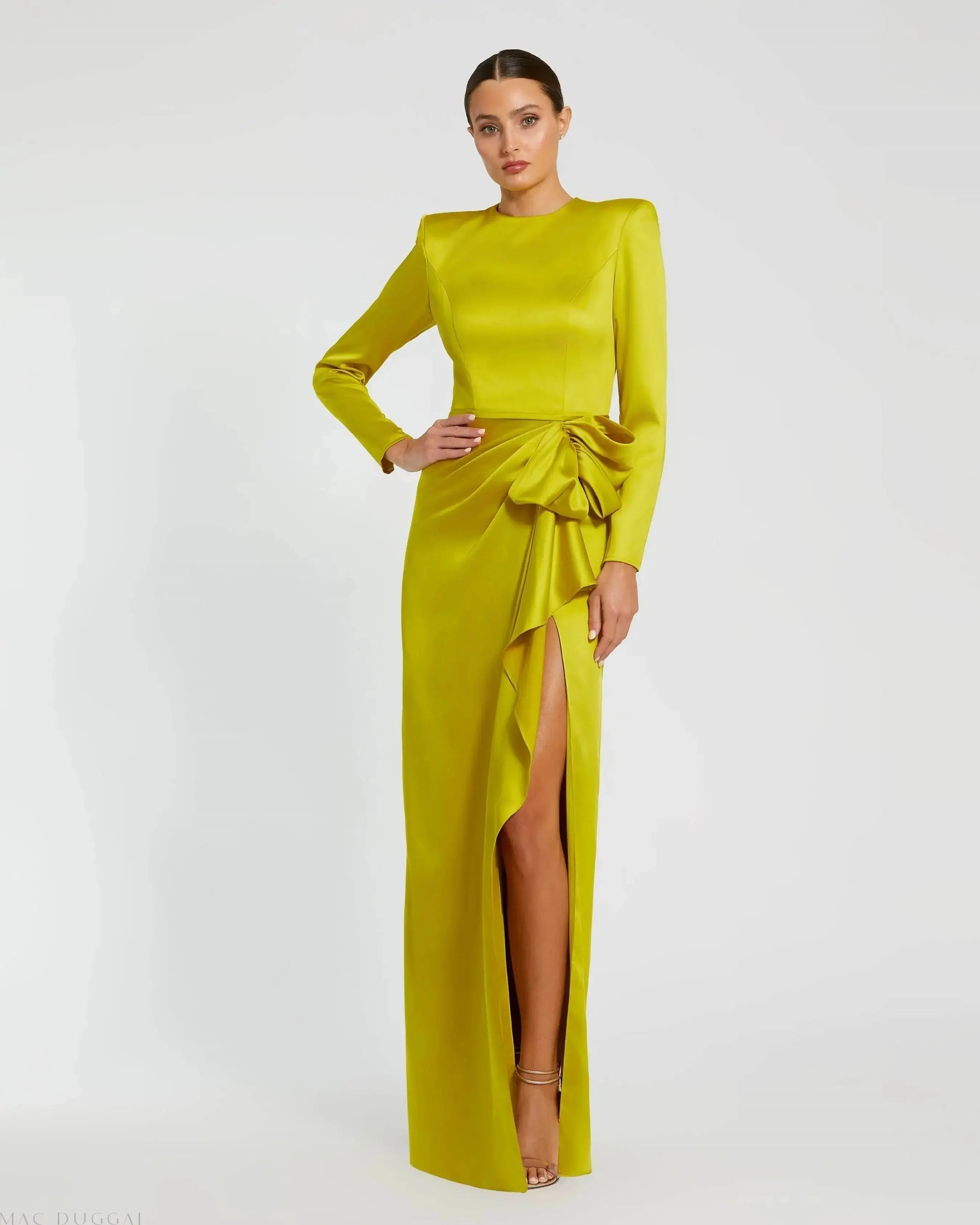 Green Long Sleeve Satin Structured Bow Draped Column Gown