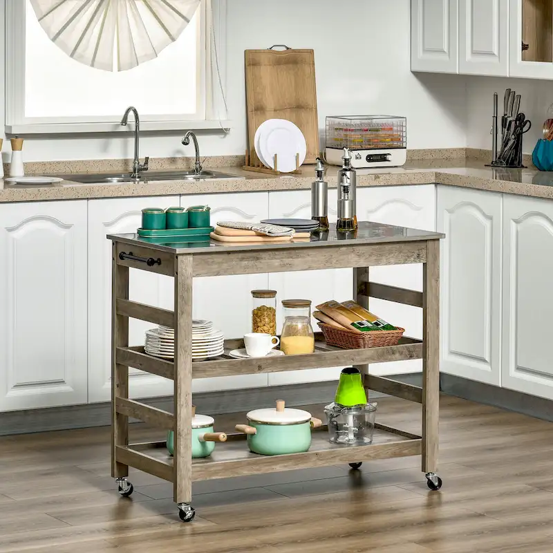 Kitchen Cart Rolling Kitchen Island Utility Trolley with Stainless Steel Top & Storage Wine Rack - 42.5W x 19D x 35H