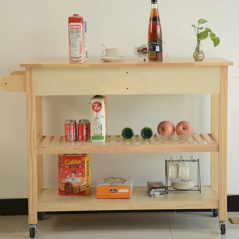 Kitchen Island & Kitchen Cart, Mobile Kitchen Island with Two Lockable Wheels, Rubber Wood Top, Simple Design