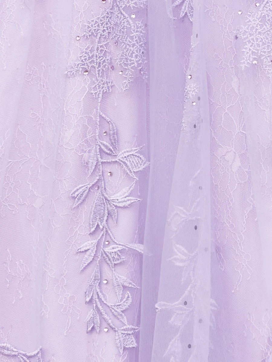 A-line V Neck Lace Tulle Prom Dress With Slit