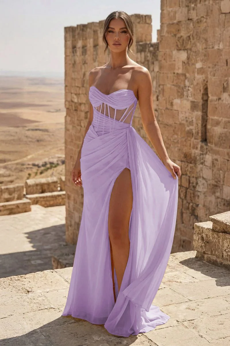 Yellow Strapless Sheath Pleated Long Prom Dresses With Slit