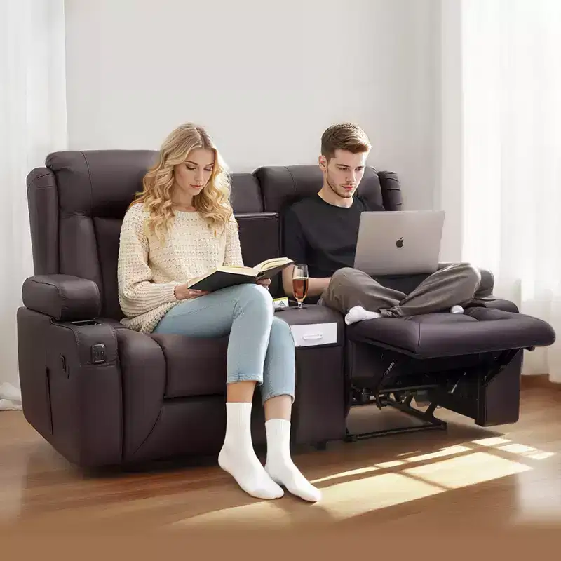 VEVOR Loveseat Recliner Sofa, PU Faux Leather Recliner Sofa with USB Ports, Cup Holders and Storage Bags, Brown
