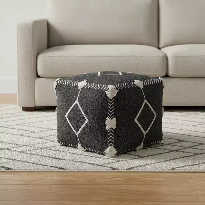 HomeRoots 18 Black Cotton Geometric Pouf Ottoman