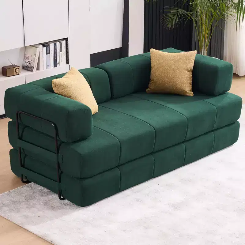 4-in-1 Convertible Sofa Bed, Corduroy Floor Couch Sleeper with 2 Pillows & Metal Arms, High-Density Foam Guest Bed, Green