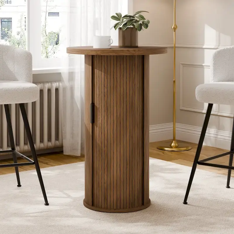 Small Tambour Dining Table with Three-Layer Storage Shelf, 36 Tall Round Bar Table