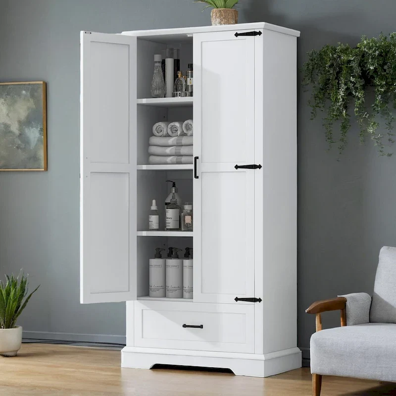 White Bathroom Storage Cabinet with 2 Doors 1 Drawer - Tall MDF Adjustable Shelf Organizer