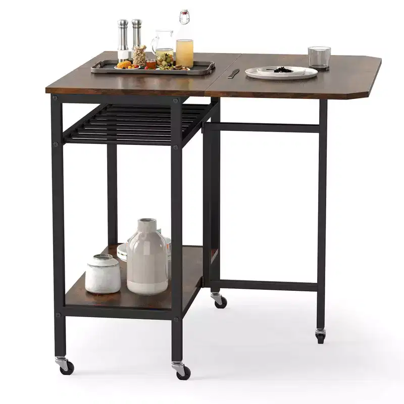 Costway Folding Dining Table Movable Kitchen Table w/ Wine Rack Storage Shelf & Wheels