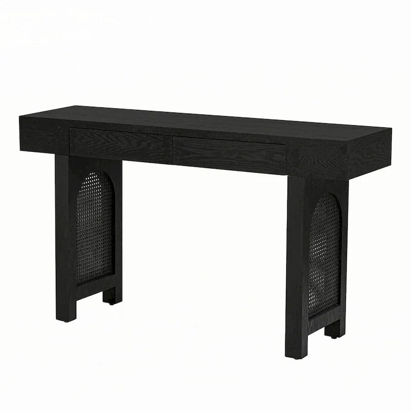 Narrow Console Table with Rattan Accent(Antique Black)