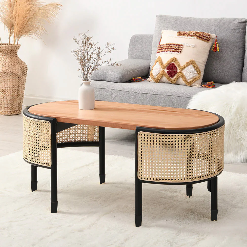Cane Rattan Solid Wood Oval Coffee Table