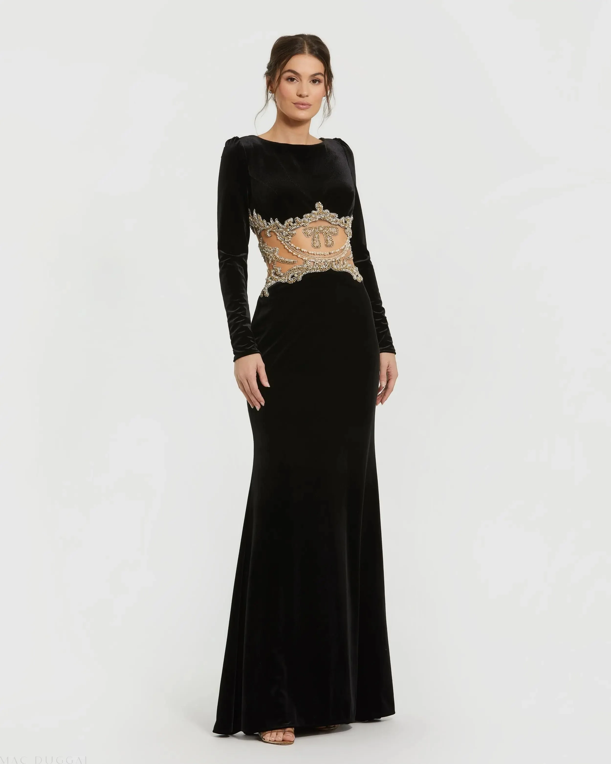 Black Long Sleeve Sheer Embellished Velvet Gown