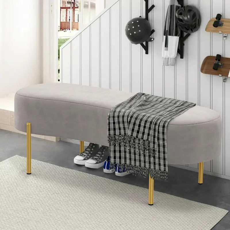 White / Grey Velvet Upholstered Ottoman Bench with Gold Metal Legs, Single Seat