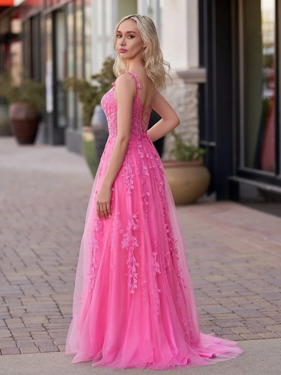 A-line V Neck Lace Tulle Prom Dress With Slit