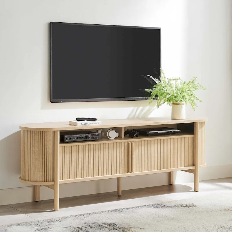 Oak TV Stand with Fluted Sliding Doors, Open Shelf, Fits up to 65