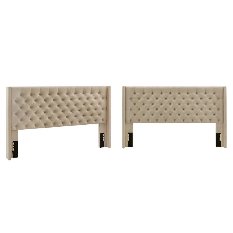 Beige/Grey/Dark Grey King Wingback Button-Tufted Linen Upholstered Headboard