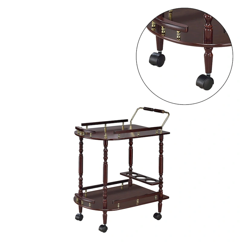 2-Tier Serving Cart with Casters in Merlot and Brass