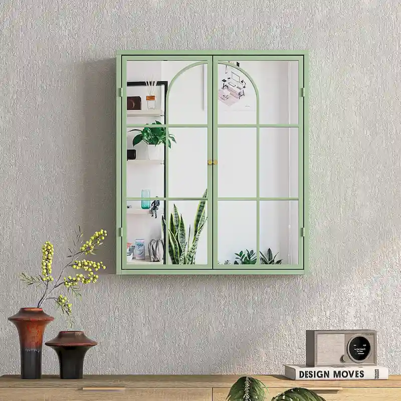 23.62  Vintage Two Door Wall Cabinet with Mirror,Three-level Entrance Storage Space for Living Room,Bathroom,Dining Room,Green