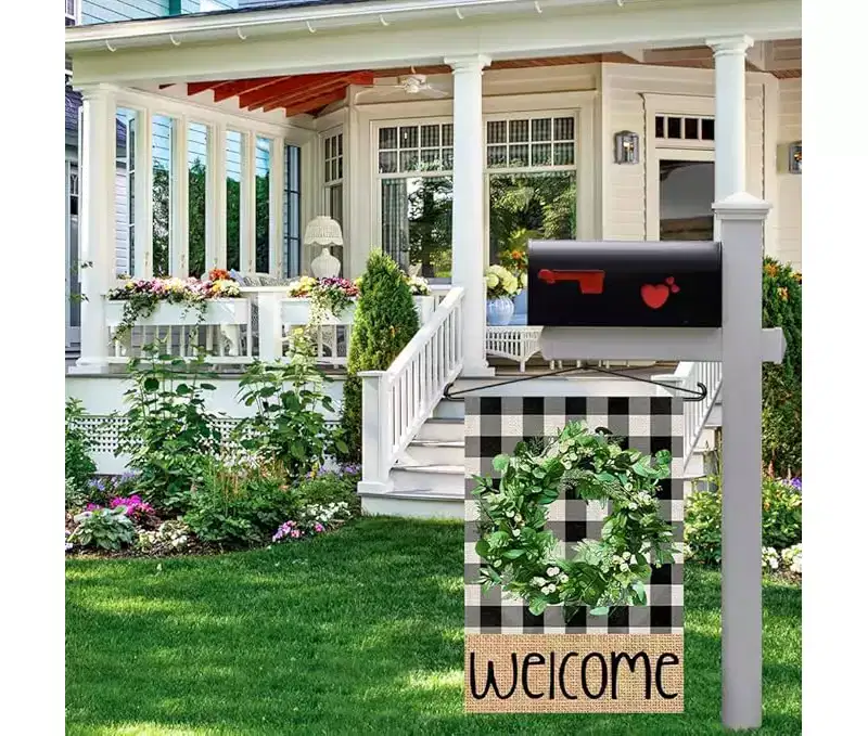 Lomsoe Welcome Spring Garden Flag Buffalo Plaid Wreath Seasonal Sign Welcome Yard Flag Spring Farmhouse Holiday Outdoor Decor Single Side 12x18Inch