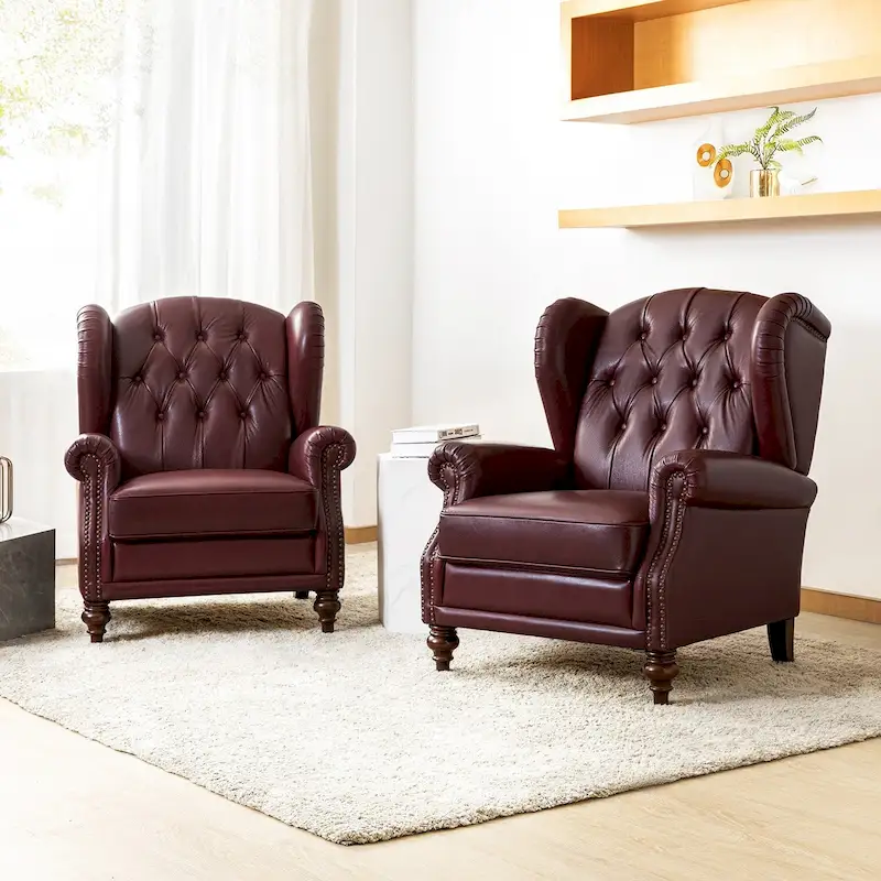 Brown Genuine Leather Wingback Armchair with Nailhead Trim, Set of 2, 1-Person